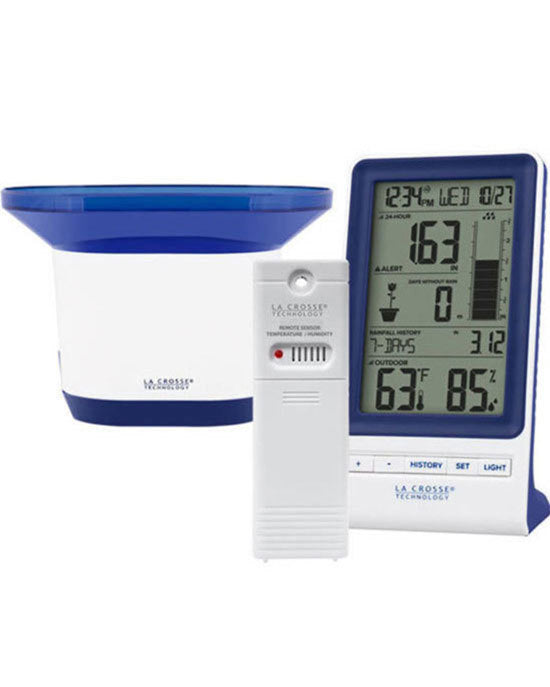A digital rain gauge with a blue and white bucket component and a digital display panel showing rainfall, temperature, and humidity readings.