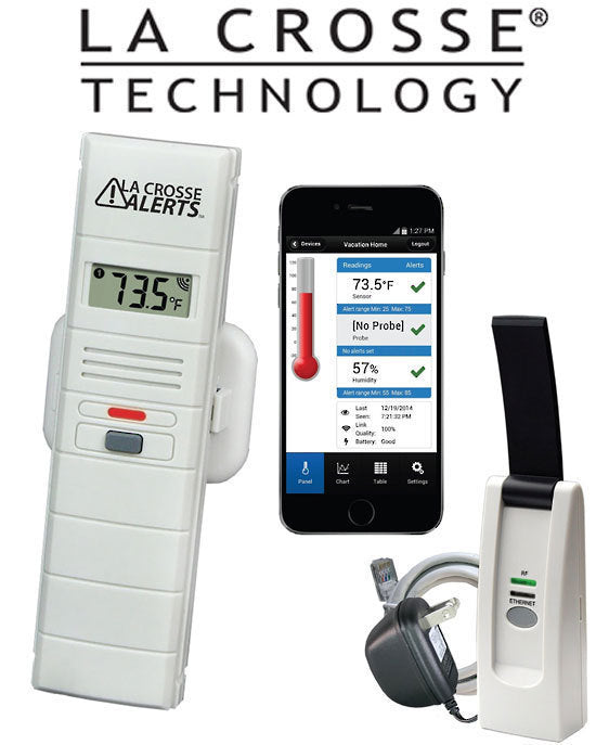 A composite image showing a La Crosse Technology weather station with a digital display, a smartphone app interface, and a wireless sensor module.