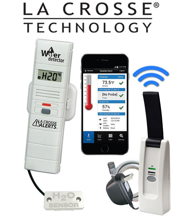 A collage showing the La Crosse Technology WIFI Temp Humidity Alert System with a remote water leak detector. Includes a white sensor device, a black moisture sensor, a smartphone displaying the system app, and a wireless transmitter.