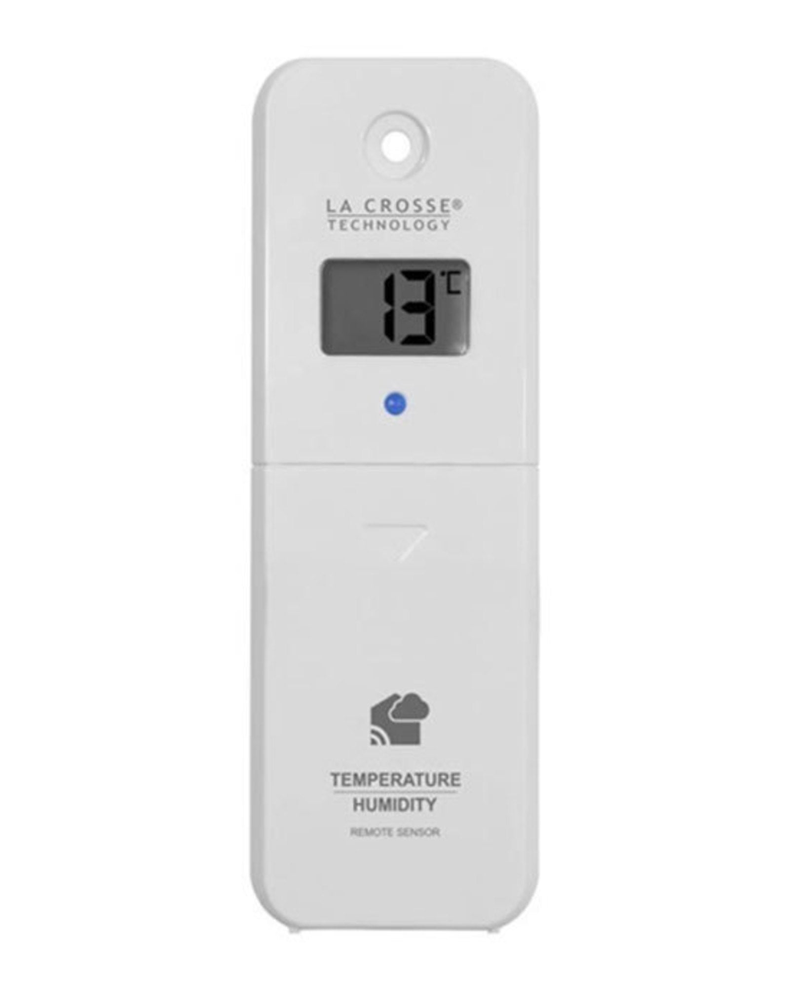 A white La Crosse Technology Thermo-Hygro sensor with a digital display showing temperature and humidity readings.