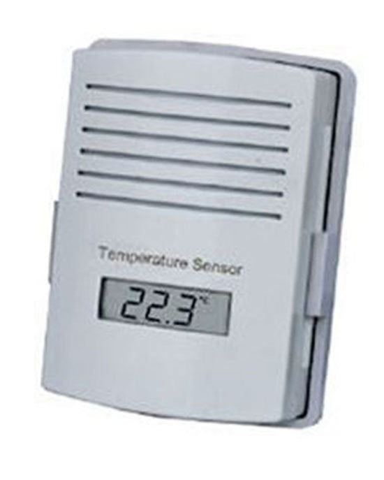 A white wireless transmitter with a digital screen displaying temperature and humidity readings.