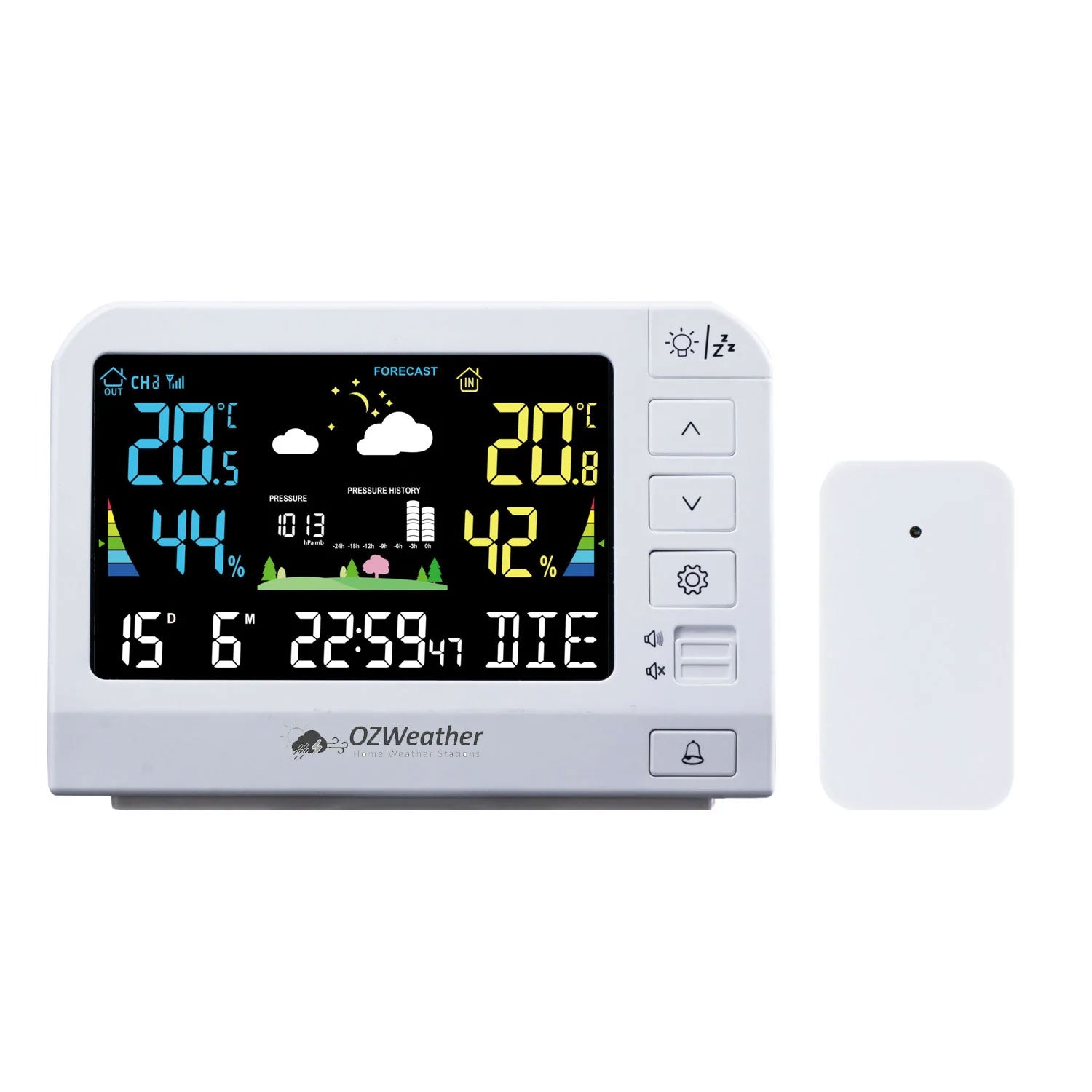 OZWeather digital weather station with display and sensor on a white background