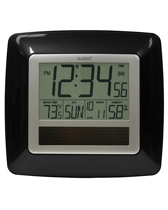 WT-8112U-BL Black Panel Solar Digital Wall Clock with Indoor Tempe Hum ...