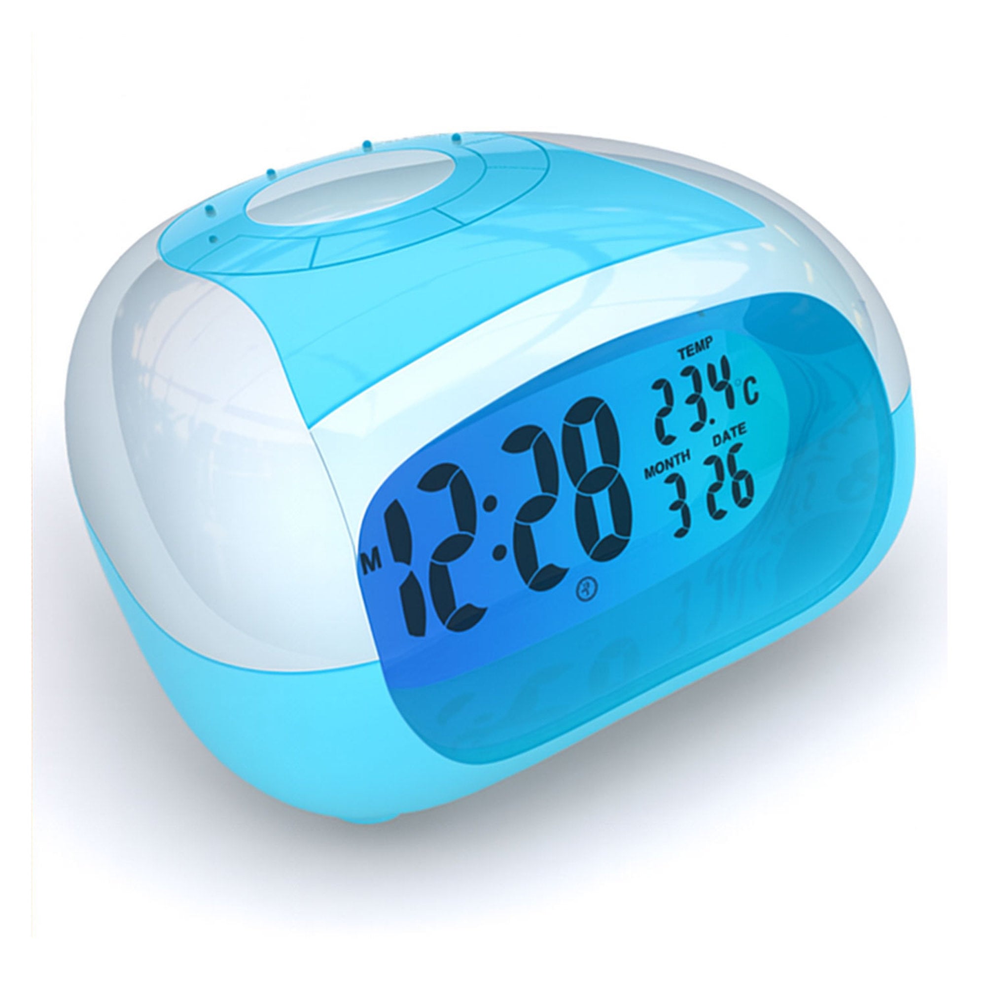Digital clock with temperature and time display on a white background
