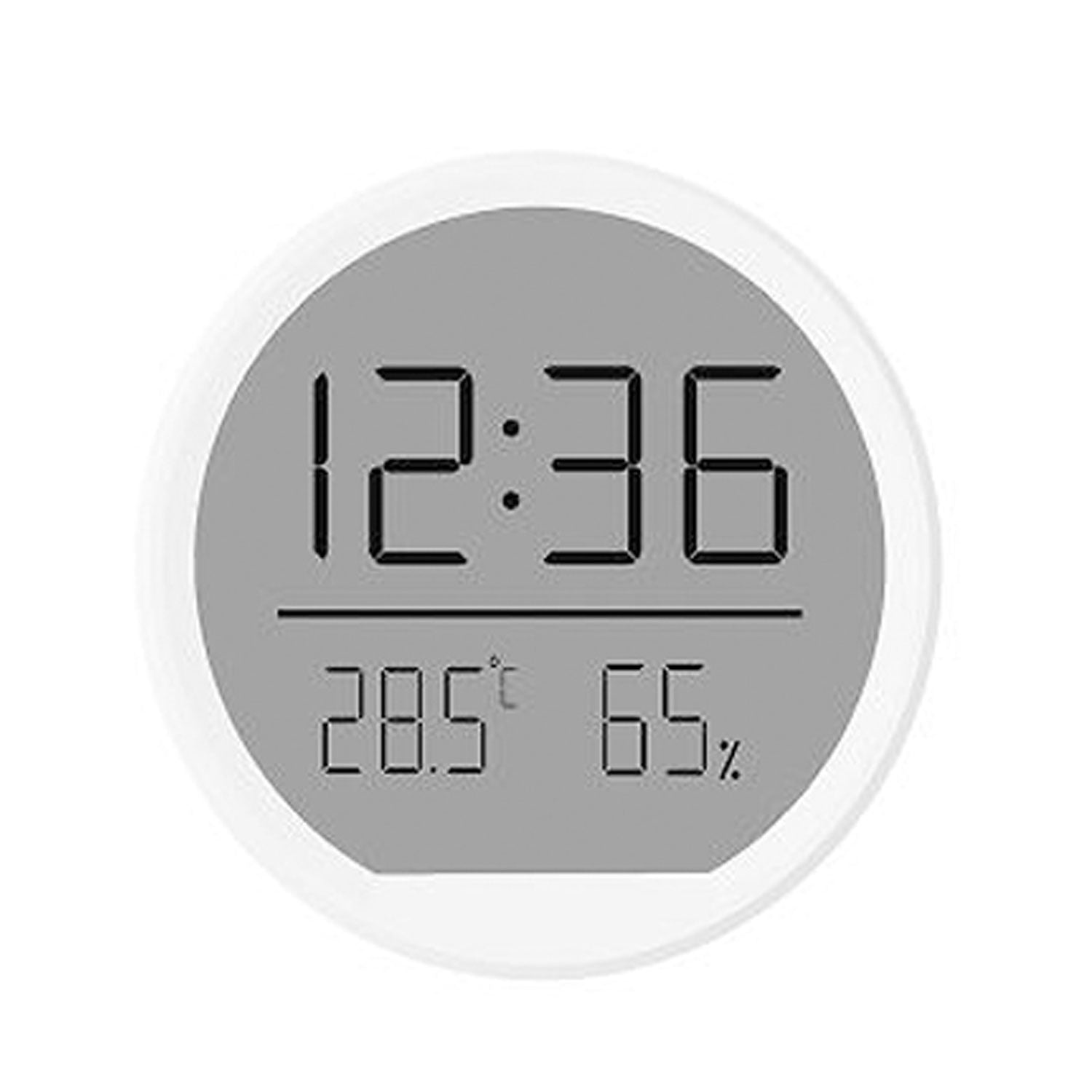 Digital clock with time, temperature, and humidity display on a white background