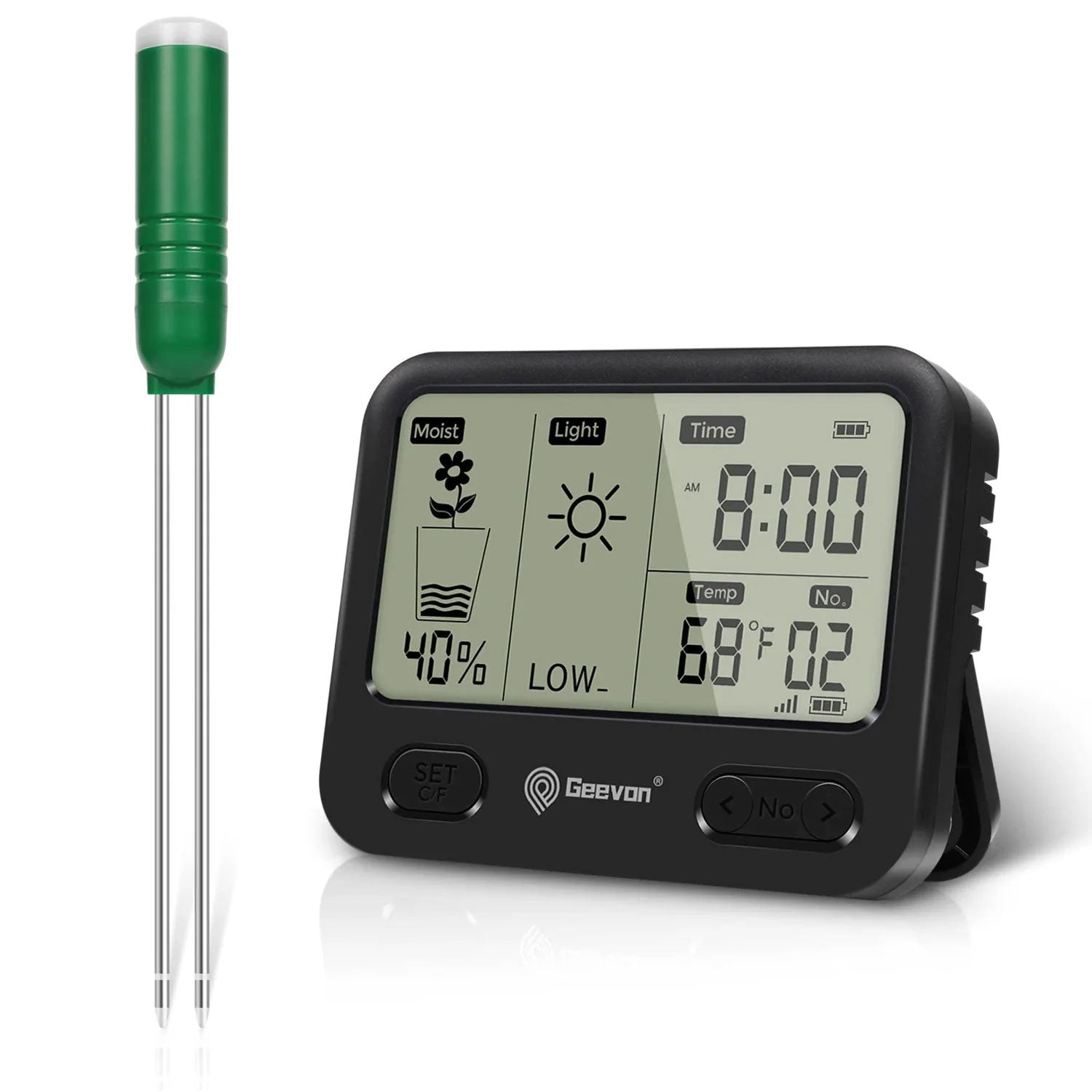 Digital thermometer with a green probe on a white background