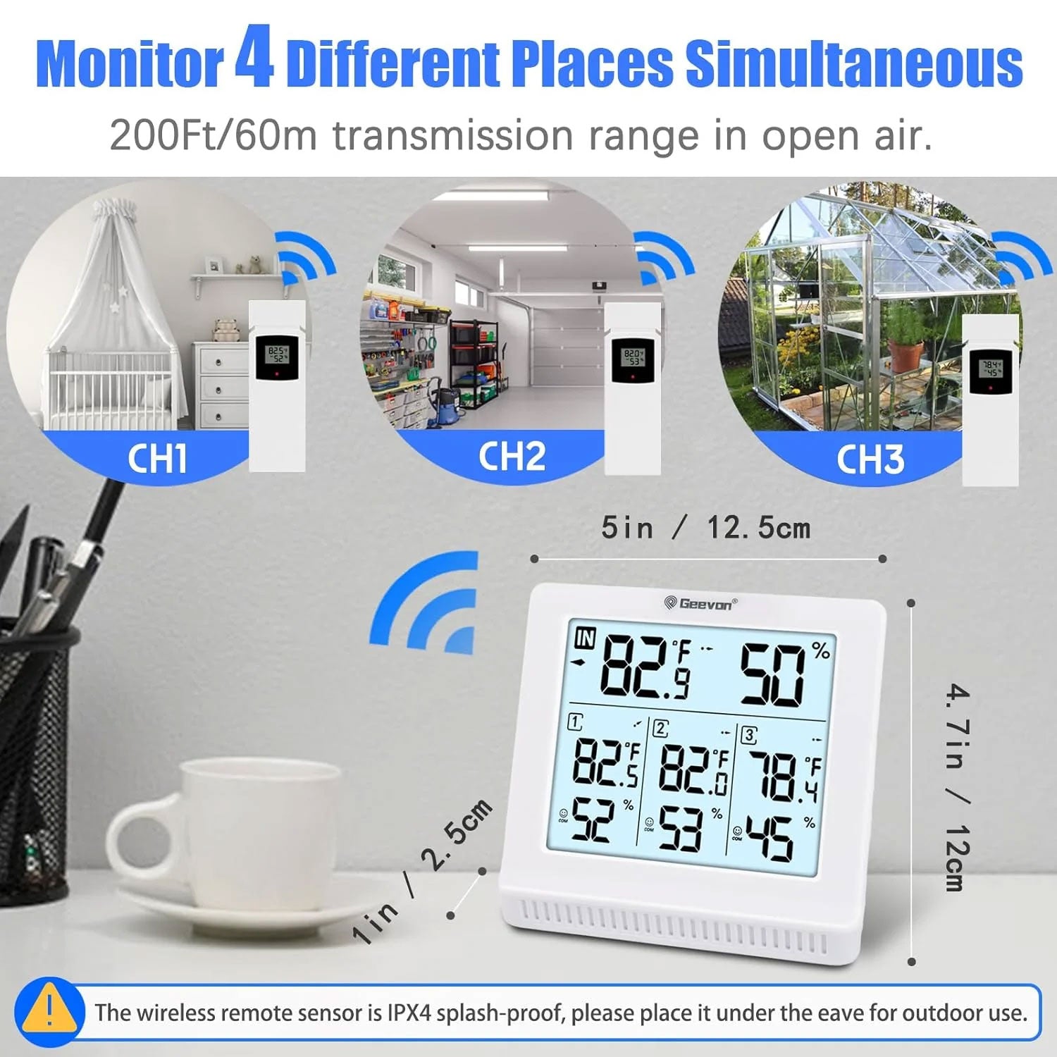 Geevon WS0190-3TX Indoor Outdoor Thermometer Wireless with 3 Remote Sensors