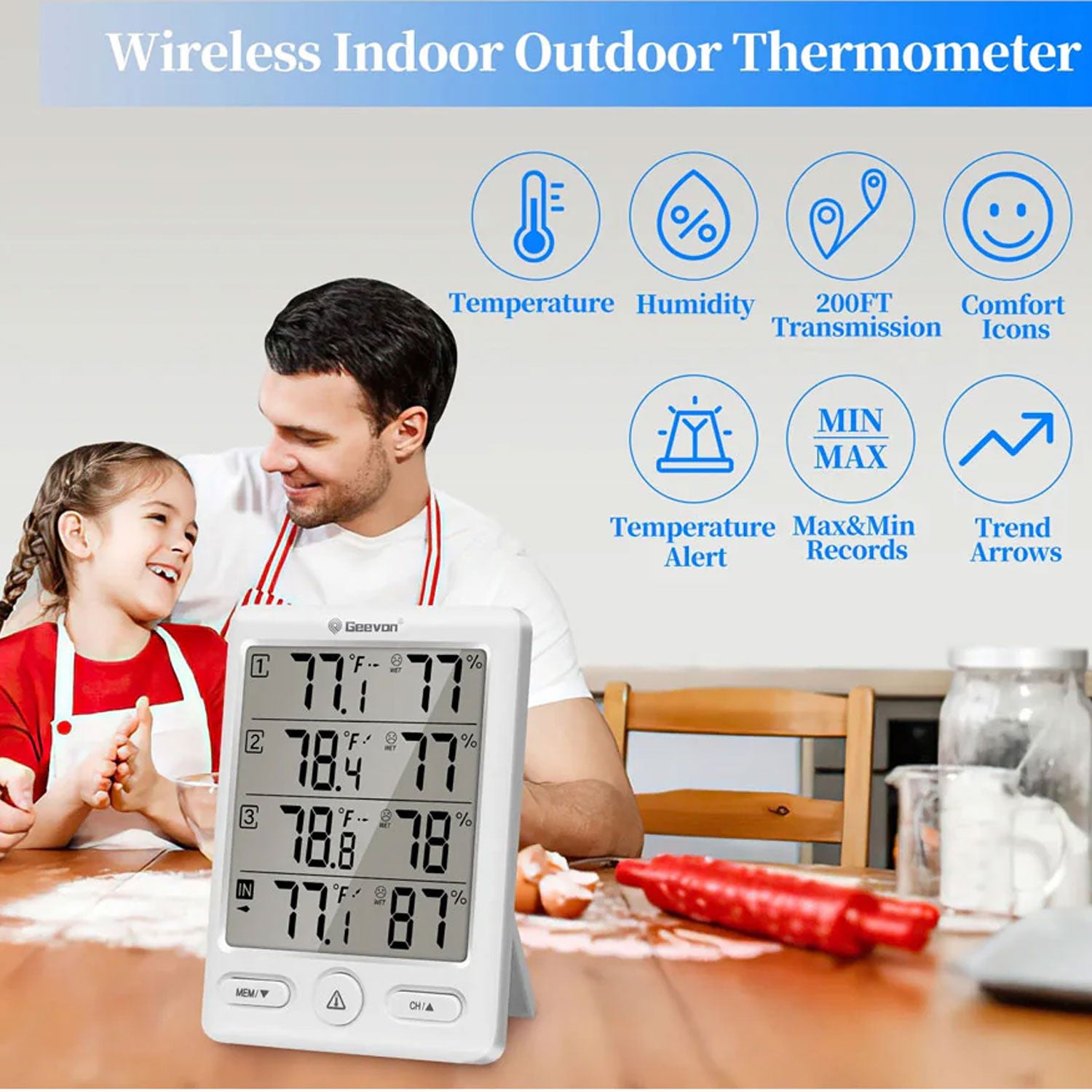 Geevon WS8646-3TX Wireless Thermometer with 3 included Remote Sensors