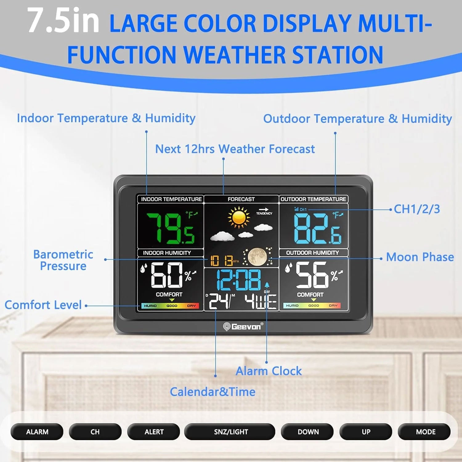 Geevon WS8665 Wireless Colour Station, Large Colour Display with Comfort Indicator, USB Charging Port