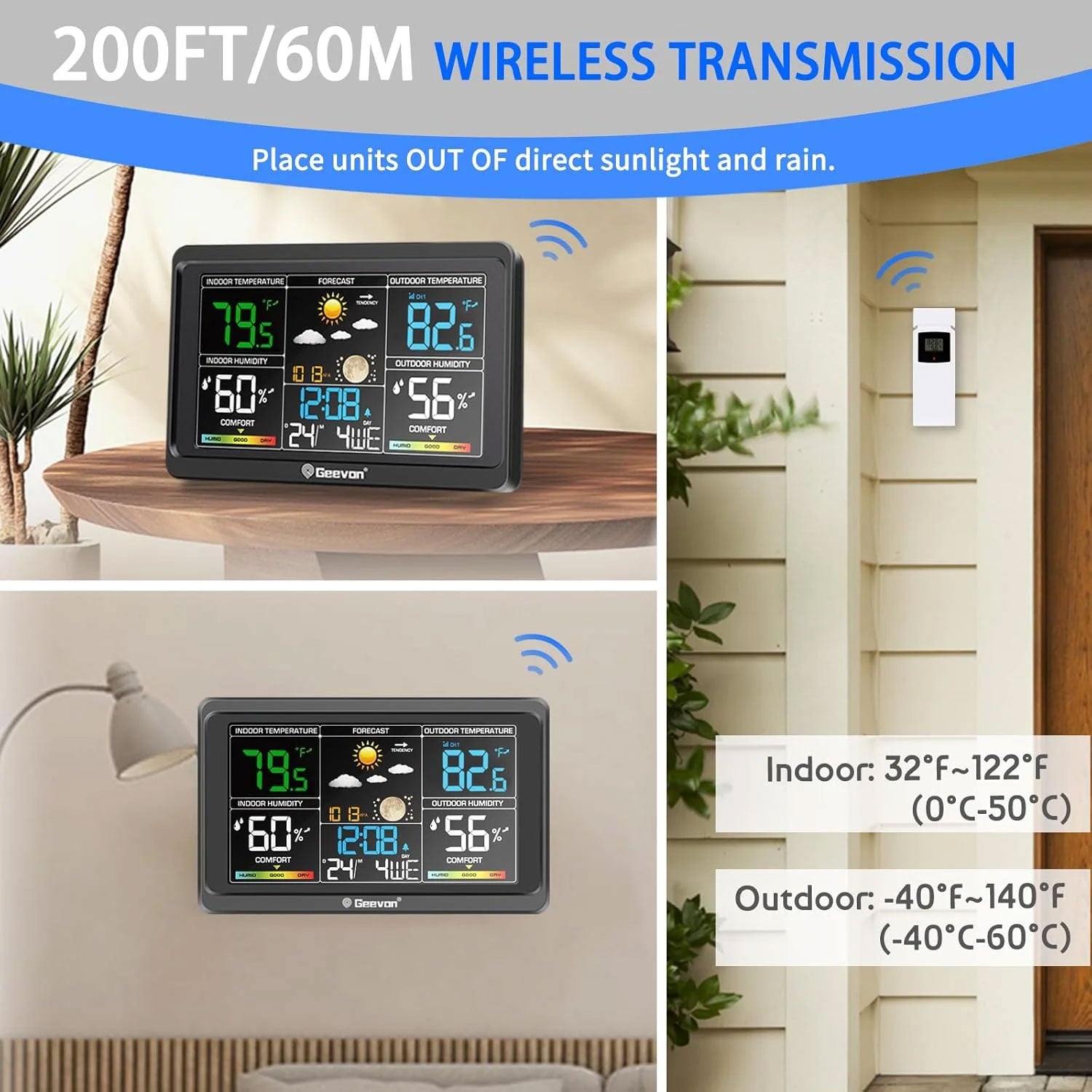 Geevon WS8665 Wireless Colour Station, Large Colour Display with Comfort Indicator, USB Charging Port